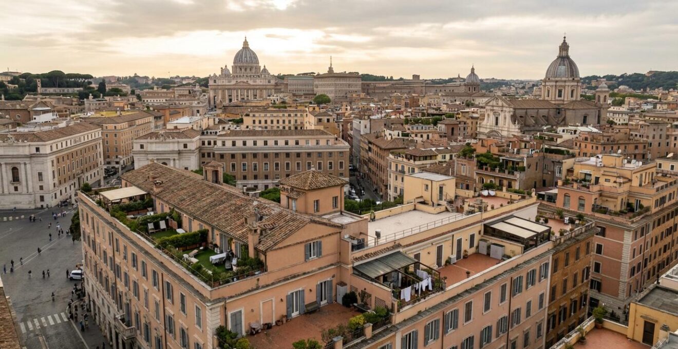 Veduta panoramica di Roma con palazzi residenziali e cupole storiche, mercato immobiliare romano