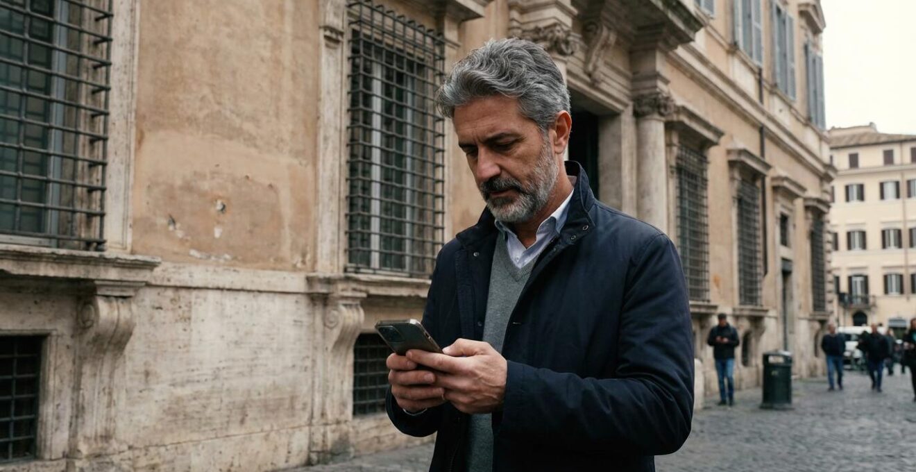 Persona che consulta smartphone davanti a palazzo residenziale romano, valutazione immobiliare