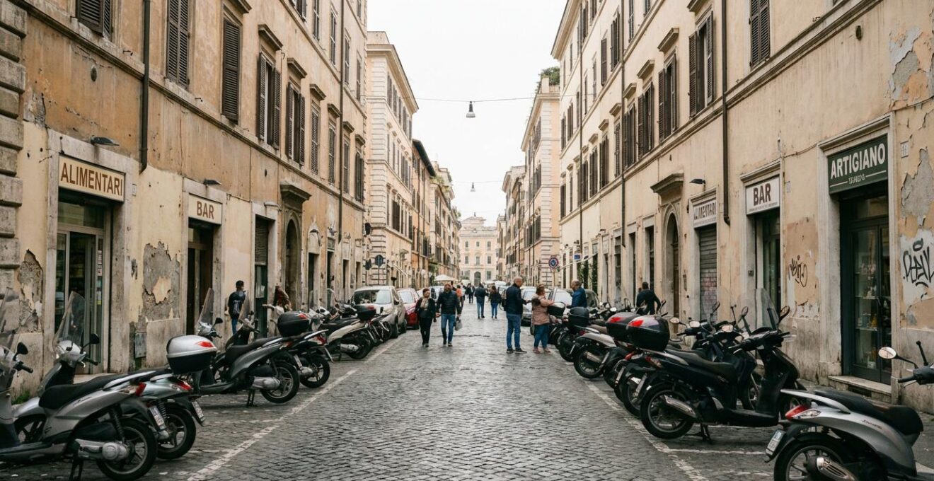 Strada tipica di quartiere semicentrale romano con palazzi e negozi, prezzi immobili Roma
